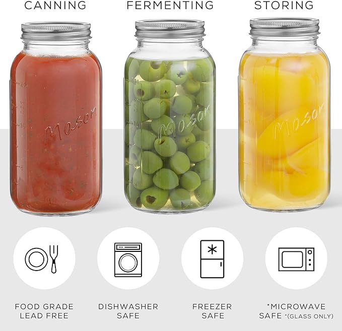 32 Oz Mason Jars With Lids, Labels and Measures! 6-Pack Regular Mouth Mason Jars, Glass Jar with Lid and Band. Airtight Canning Jars, Overnight Oats Jars, Salad Jars, Sourdough Starter Jar