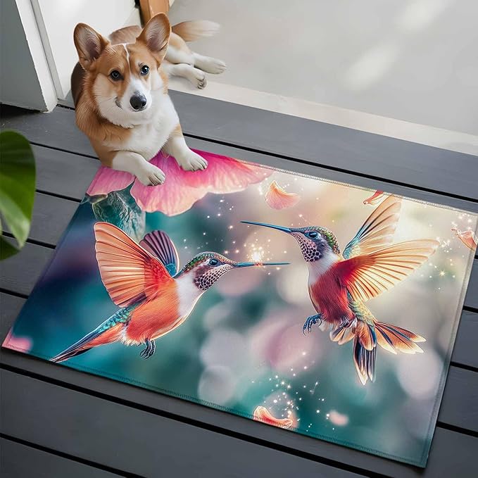 Area Rug 2x3ft, Spring Hummingbird Pink Petals Flowers Washable Rugs for Living Room Bedroom, Dreamlike Animal Focus Scenery Soft Non-Slip Area Rugs Rectangle Floor Carpet for Dining Room