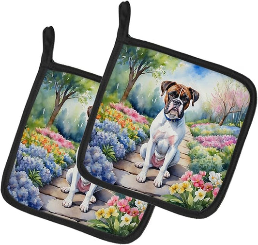 Caroline's Treasures Boxer Spring Path Pair of Pot Holders Kitchen Heat Resistant Pot Holders Sets Oven Hot Pads for Cooking Baking BBQ, 7 1/2 x 7 1/2