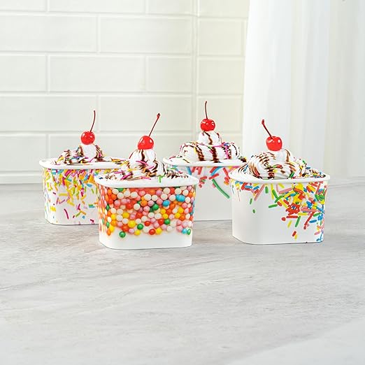 Restaurantware Paper Cups 200 Count 12 Ounce Square Disposable Ice Cream Containers, Leak-Resistant Paper Dessert To Go Cups, Hot And Cold Food, Durable Assorted Sprinkles Design