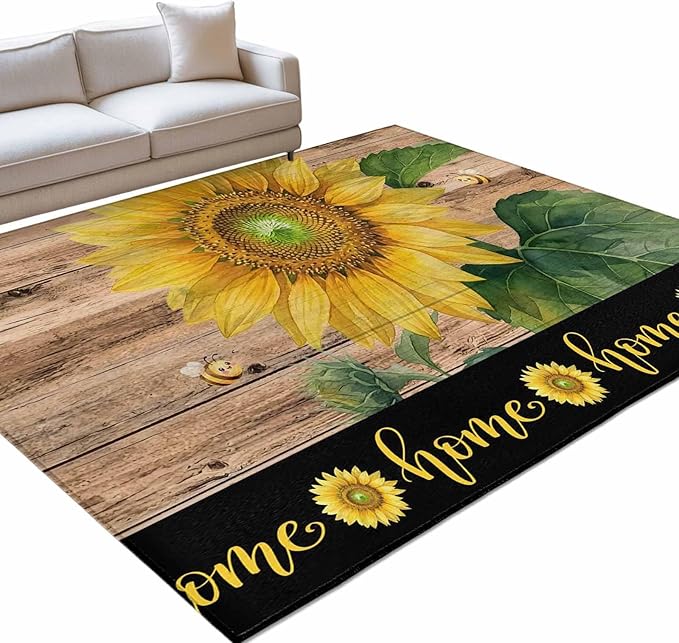 Area Rug 3x5ft, Summer Sunflowers Bees Washable Rugs for Living Room Bedroom, Farmhouse Wood Background Soft Non-Slip Area Rugs Rectangle Floor Carpet for Dining Room
