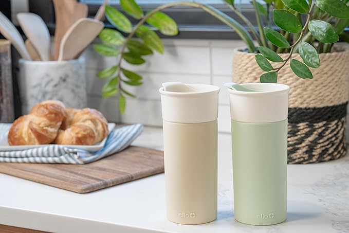 Ello Ogden 16oz Ceramic Travel Mug with Splash-Resistant Slider Lid and Protective Silicone Sleeve, Perfect for Coffee or Tea, BPA-Free, Dishwasher Safe, Honeydew