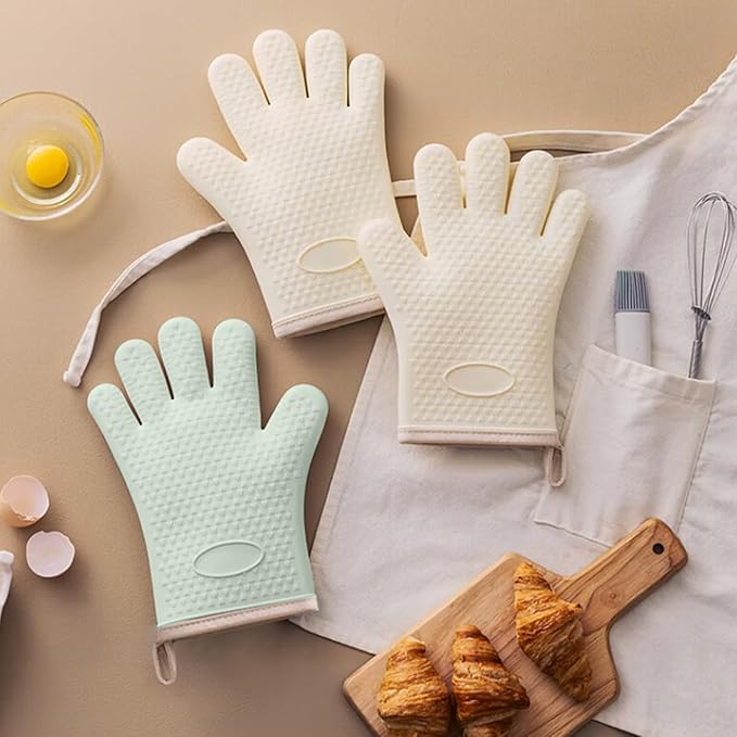 Silicone Oven Mitts with Fingers 2 Pack, Heat Resistant Kitchen Oven Gloves, Non‑Slip Waterproof Green Cooking Gloves with Cotton Lining for Baking, Grilling, BBQ