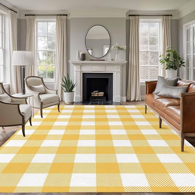 Area Rug 6x9ft, Rustic Country Yellow and White Buffalo Lattice Checked Washable Rugs for Living Room Bedroom, Farm Style Soft Non-Slip Area Rugs Rectangle Floor Carpet for Dining Room
