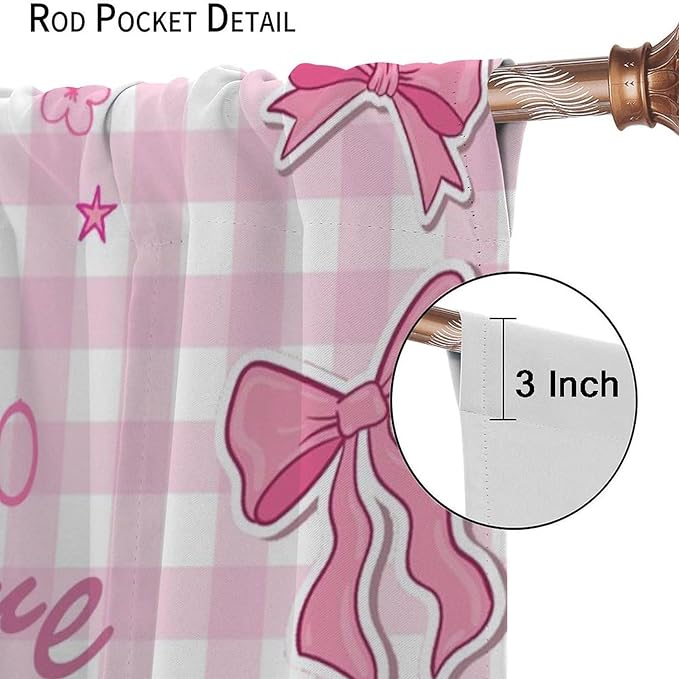Pink Bow Blackout Curtain,Girls Modern Cherry Plaid Floral Star Abstract Window Curtains for Kitchen Bedroom Cafe Dining Room Office Living Room Drapes,52x96 in