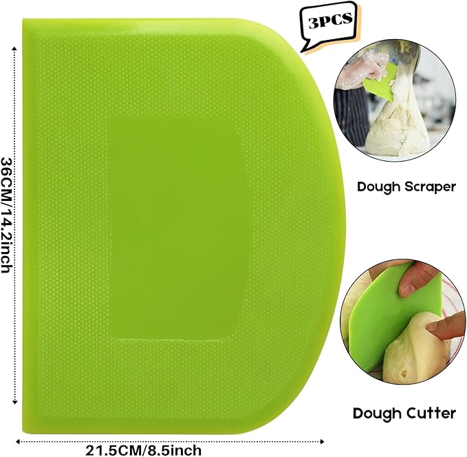 SURDOCA Dough Scraper Bench Scraper - 3P 14.2x8.5" Plastic Flexible Bowl Scraper, Sharp Edge & Angles Cake Scraper. Non-Slip Bakeware Decorating Tools Sculpting & Modeling Tools - Yellow+Green+Yellow