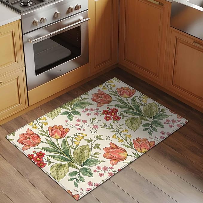 Area Rug 2x3ft, Vintage Tulips Red Daisies Washable Rugs for Living Room Bedroom, Yellow Blooms Floral Pattern Soft Non-Slip Area Rugs Rectangle Floor Carpet for Dining Room