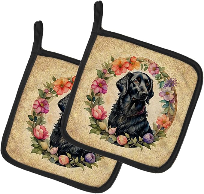 Caroline's Treasures Flat-Coated Retriever and Flowers Pair of Pot Holders Kitchen Heat Resistant Pot Holders Sets Oven Hot Pads for Cooking Baking BBQ, 7 1/2 x 7 1/2