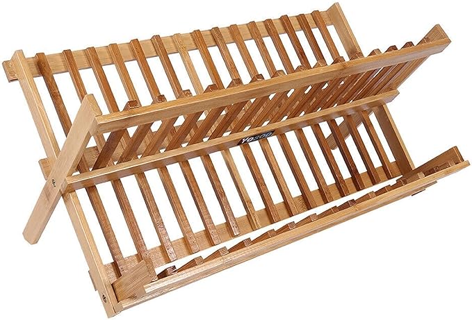 2 Tier Folding Dish Drainer Rack Storage Plate Holder Kitchen Sink Stand Wooden