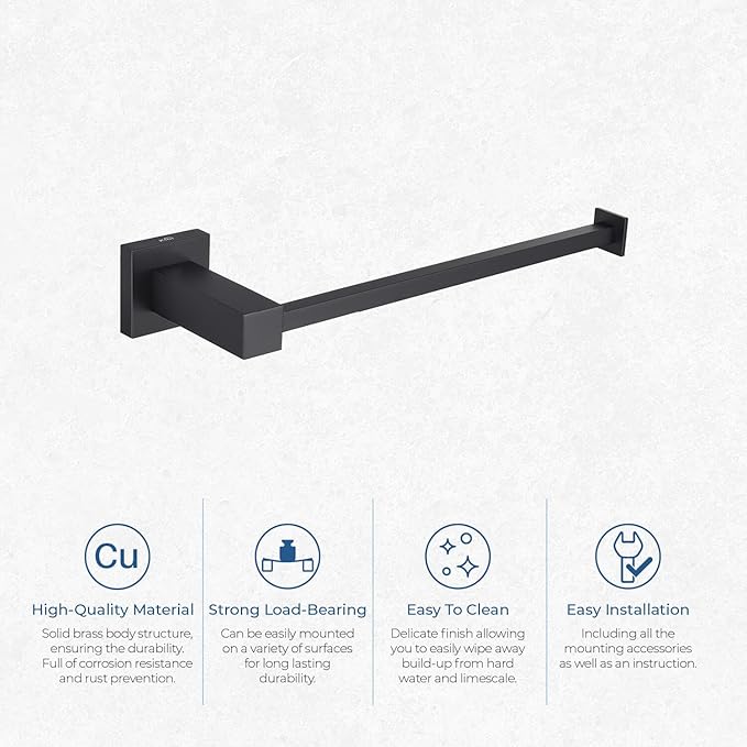 KIBI Cube 10 Inch Hand Towel Bar in Matte Black | Solid Brass, Wall Mounted, Rust-Resistant Finish Bathroom Towel Holder for Bathroom, Kitchen, Washroom | Modern & Durable Design (KBA1503MB)