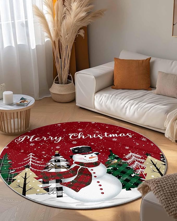 Round Area Rug,Christmas Snowman Green Pine Tree Circle Living Room Rug Non-Slip Rugs Indoor Carpet,Winter Snowflakes on Red Soft Comfort Rugs for Bedroom KidsRoom Nursery