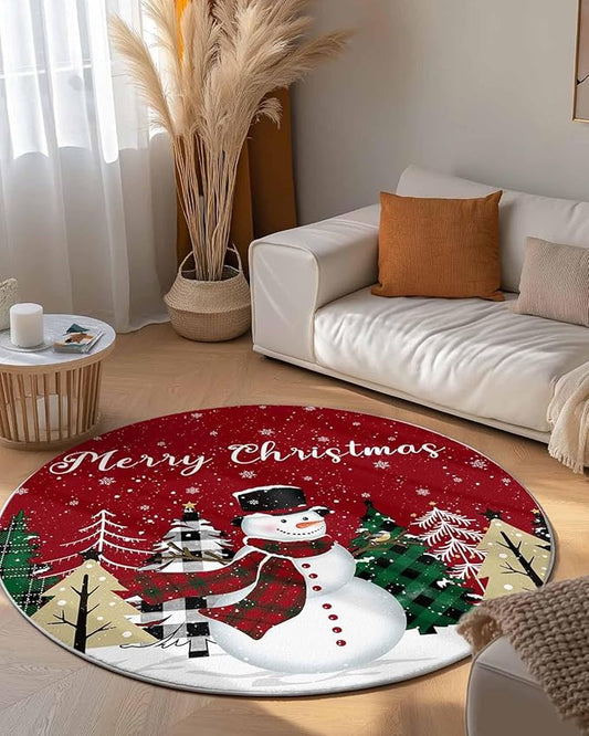 Round Area Rug,Christmas Snowman Green Pine Tree Circle Living Room Rug Non-Slip Rugs Indoor Carpet,Winter Snowflakes on Red Soft Comfort Rugs for Bedroom KidsRoom Nursery