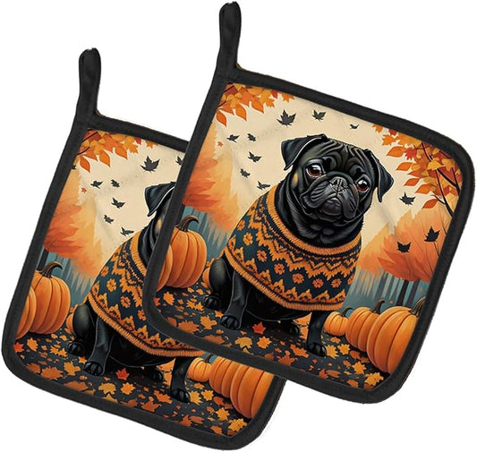 Caroline's Treasures DAC1064PTHD Black Pug Fall Pair of Pot Holders Kitchen Heat Resistant Pot Holders Sets Oven Hot Pads for Cooking Baking BBQ, 7 1/2 x 7 1/2