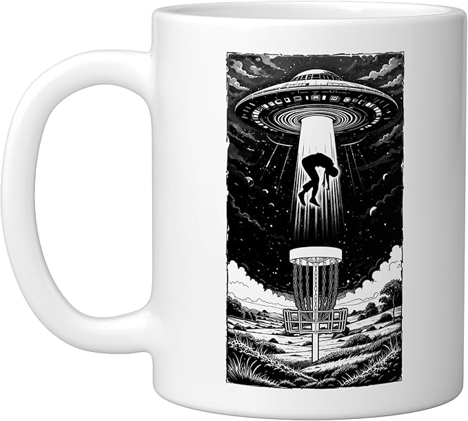 Disc Golf UFO Funny Flying Saucer Alien Abduction Basket Ceramic Mug, White