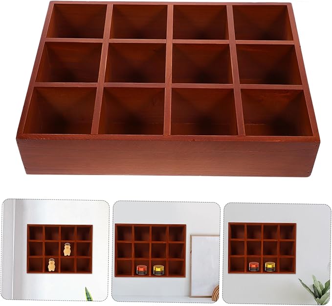 PRETYZOOM Rustic Floating Shelf 12-Compartment Wall Storage Rack 15.5 Inch Wooden Cubby Display Organizer for Home Kitchen Small Item Storage and Decor