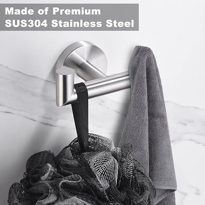 Towel Hooks for Bathrooms, Brushed Nickel Towel Hook for Kitchen Bathroom, SUS304 Stainless Steel Coat Hook, Heavy Duty Double Holder Robe Hooks for Hanging Towels, Coats, Sponges,Wall Mount, 1 Pack ﻿