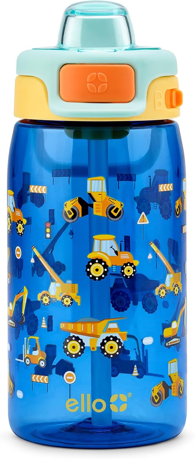 Ello Kids Pop & Fill 16oz Tritan Plastic Water Bottle with Quick Fill Technology, Leak Proof Locking Lid, Sip & Chug, BPA Free, Dishwasher Safe, For School, Lunchboxes, Construction