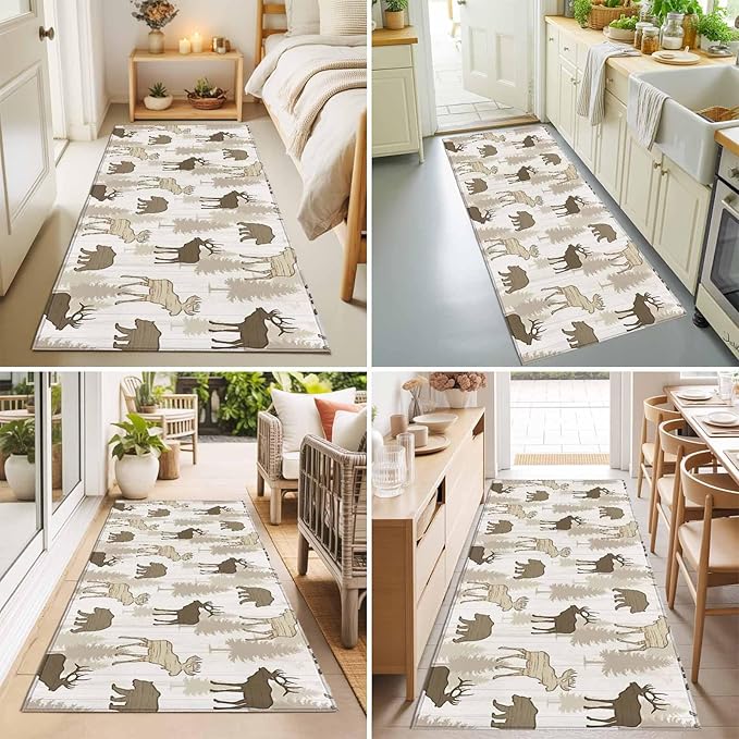 Runner Rug for Bedroom Hallway, Animal Moose Bears Kitchen Runner Rugs Area Rug 2x6ft, Retro Rustic Pine Trees Washable Soft Floor Carpet for Entryway Stair