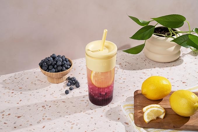 Ello Ava 18oz Glass Tumbler with Straw and Lid | Premium Ribbed Glass with Silicone Grip, Car Cup Friendly, Dishwasher Safe, BPA Free | Iced Coffee, Water, Matcha, Juice Cup | Lemon