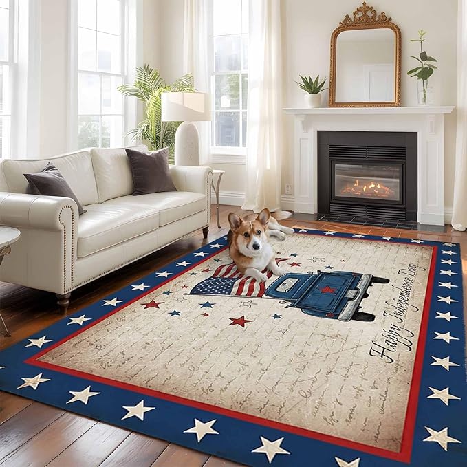 Area Rug 6x9ft, Happy Independence Day USA Flag Washable Rugs for Living Room Bedroom, Retro Blue Truck Soft Non-Slip Area Rugs Rectangle Floor Carpet for Dining Room