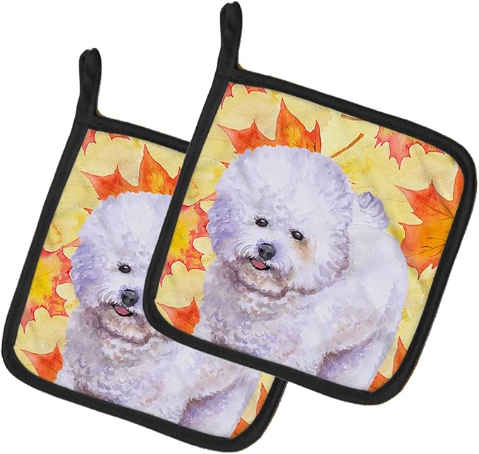 Caroline's Treasures BB9909PTHD Bichon Frise Fall Pair of Pot Holders, Yellow Kitchen Heat Resistant Pot Holders Sets Oven Hot Pads for Cooking Baking BBQ, 7 1/2 x 7 1/2