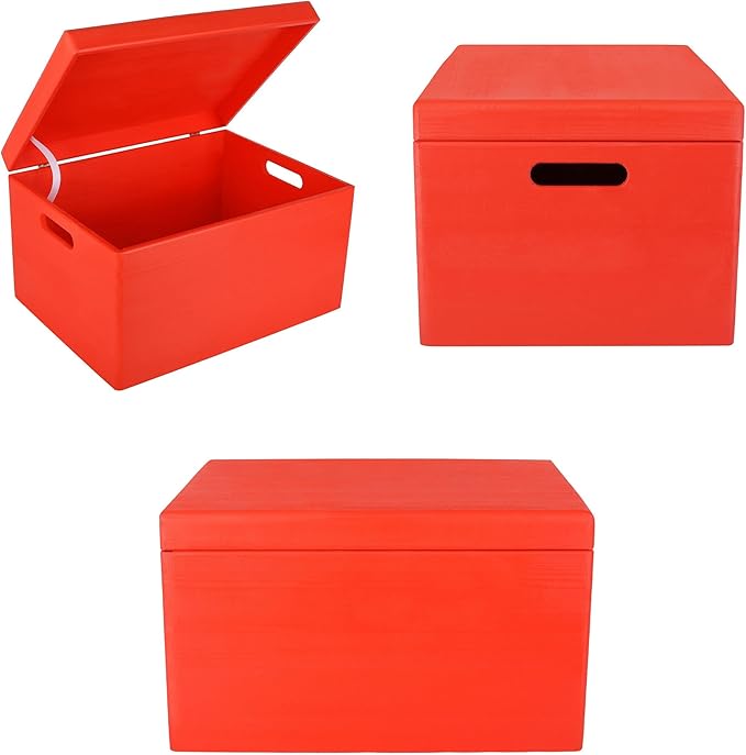 Creative Deco Large Red Wooden Box Storage with Hinged Lid | 15.8x11.8x9.44in (+-0.5) | Keepsake Gift Box Storage Document | Wood Chest Trunk PRODUCT NOT INTENDED FOR 15 YEARS OR BELOW