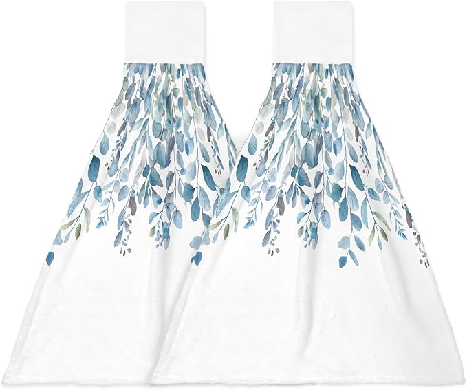 Alandar Home Kitchen Tie Towel Set of 2, Pastoral Blue Eucalyptus Leaves Absorbent Soft Hand Towels for Bathroom Hanging Towels, Idyllic Botanical on White Fast Drying Cleaning Cloth with Loop
