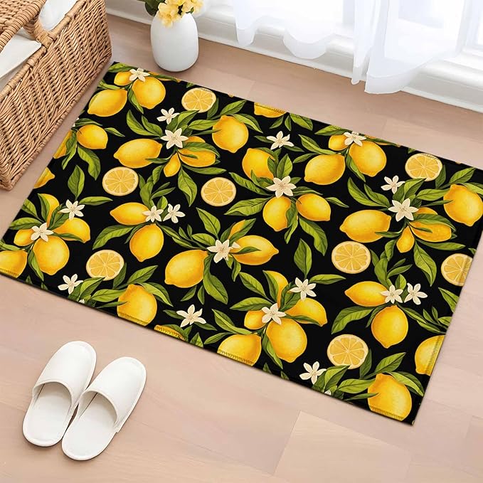 Area Rug 2x3ft, Summer Lemon Flower Washable Rugs for Living Room Bedroom, Plant on Black Soft Non-Slip Area Rugs Rectangle Floor Carpet for Dining Room