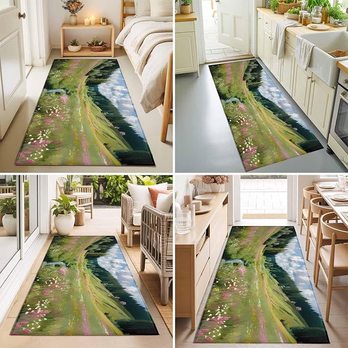 Runner Rug for Bedroom Hallway, Watercolor Flowers Leaves Forest Meadow Kitchen Runner Rugs Area Rug 2x6ft, Oil Paint Texture Washable Soft Floor Carpet for Entryway Stair