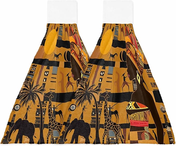 Alandar Home Kitchen Tie Towel Set of 2, Black Women Giraffe Elephant Tree Absorbent Soft Hand Towels for Bathroom Hanging Towels, African Animal Fast Drying Cleaning Cloth with Loop