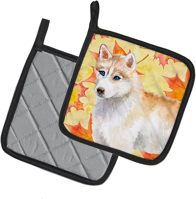 Caroline's Treasures BB9916PTHD Siberian Husky Fall Pair of Pot Holders, Yellow Kitchen Heat Resistant Pot Holders Sets Oven Hot Pads for Cooking Baking BBQ, 7 1/2 x 7 1/2