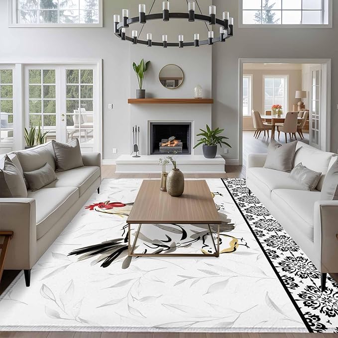 Area Rug 6x9ft, Country Farmhouse Rooster Washable Rugs for Living Room Bedroom, Watercolor Animal Flower Pattern Soft Non-Slip Area Rugs Rectangle Floor Carpet for Dining Room