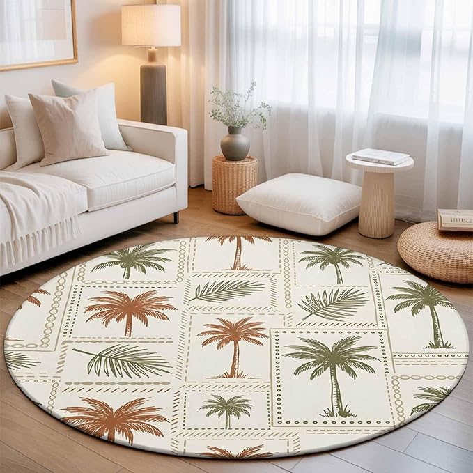 Washable Round Area Rug Vintage Coconut Tree Palm Leaves Circle Rugs Floor Carpet for Living Room Bedroom, Farm Tropical Plant on Beige Soft Non Slip Round Rug 3ft