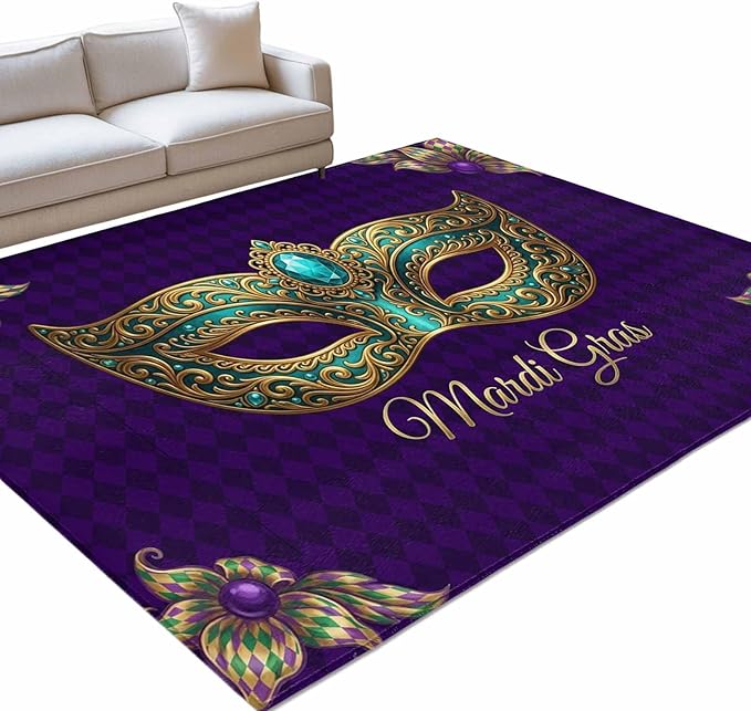 Area Rug 4x6ft, Mardi Gras Mask Purple Plaid Washable Rugs for Living Room Bedroom, Abstract Blossom Floral Soft Non-Slip Area Rugs Rectangle Floor Carpet for Dining Room