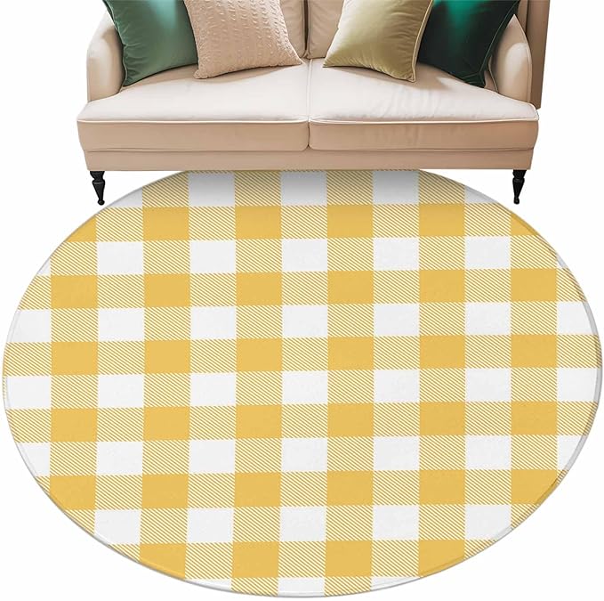 Washable Round Area Rug Rustic Country Yellow and White Buffalo Lattice Checked Circle Rugs Floor Carpet for Living Room Bedroom, Farm Style Soft Non Slip Round Rug 5ft