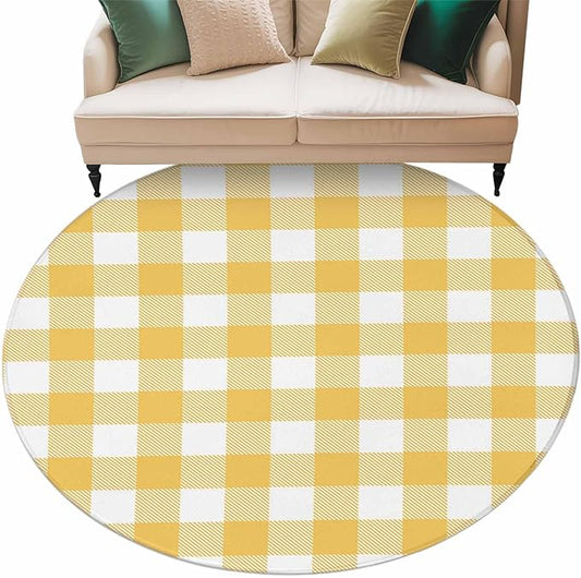 Washable Round Area Rug Rustic Country Yellow and White Buffalo Lattice Checked Circle Rugs Floor Carpet for Living Room Bedroom, Farm Style Soft Non Slip Round Rug 5ft