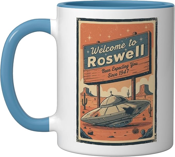 Roswell UFO Retro Tourism Souvenir Flying Saucer Crash Alien Ceramic Mug, Blue/White