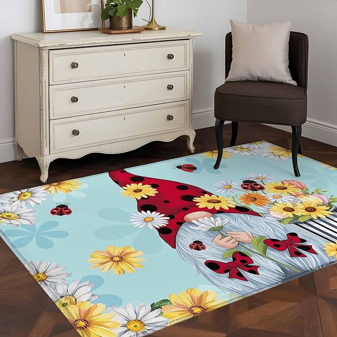 Area Rug 3x5ft, Summer Ladybug Gnome Daisy Flower Washable Rugs for Living Room Bedroom, Watercolor Bloom Floral on Blue Soft Non-Slip Area Rugs Rectangle Floor Carpet for Dining Room
