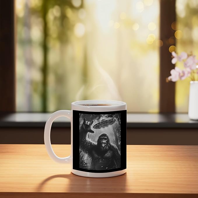 Funny Sasquatch Bigfoot Rock On Selfie with UFO Alien Saucer Ceramic Mug, White