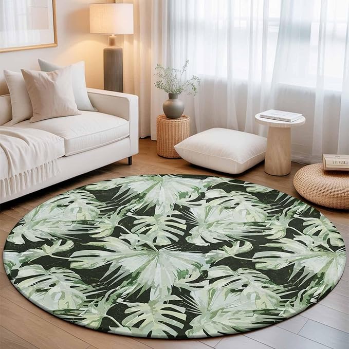 Washable Round Area Rug Abstract Dark Green Palm Leaves Circle Rugs Floor Carpet for Living Room Bedroom, Watercolor Plants Soft Non Slip Round Rug 5ft