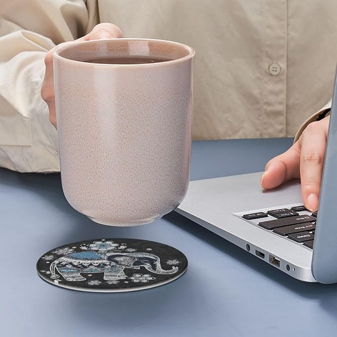 Famame 6 Pcs Ethnic Floral Elephant Leather Coasters for Drinks with Holder Coaster Sets Drink Table Cup Coasters for Living Room Kitchen Coffee Decor