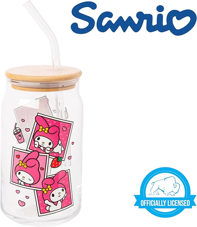 Silver Buffalo Sanrio Hello Kitty and Friends My Melody Polaroids Glass Jar Tumbler with Bamboo Lid and Glass Straw, 16 Ounces (Pack of 12)