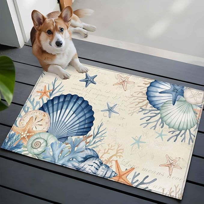 Area Rug 2x3ft, Summer Blue Shells Starfish Washable Rugs for Living Room Bedroom, Vintage Coral Shells Fish Soft Non-Slip Area Rugs Rectangle Floor Carpet for Dining Room