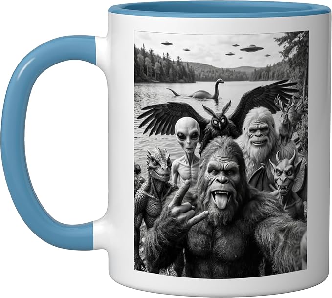 Bigfoot Alien Loch Ness Monster UFO Cryptids Selfie Ceramic Mug, Blue/White