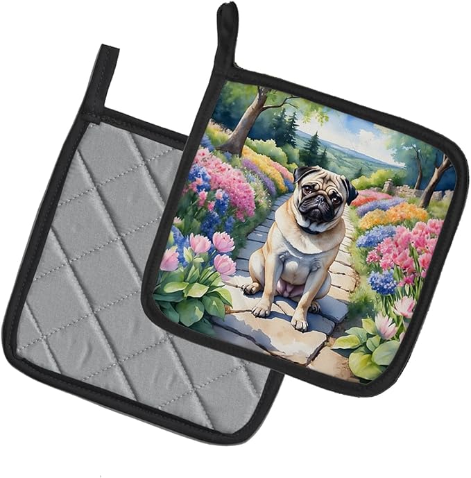 Caroline's Treasures Pug Spring Path Pair of Pot Holders Kitchen Heat Resistant Pot Holders Sets Oven Hot Pads for Cooking Baking BBQ, 7 1/2 x 7 1/2