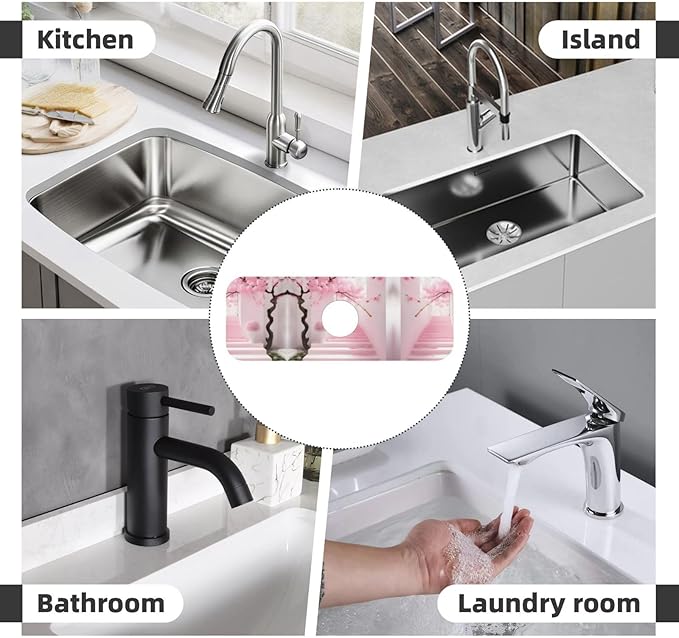 Pink Cherry Blossom Staircase Printed Faucet Absorbent mat, Suitable for bathrooms, Kitchens, and Other Sink Areas.