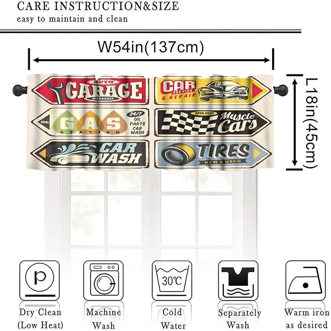 1950s Valances Curtains Vintage Car Signs Automobile Advertising Repair Vehicle Garage Classics Servicing, Windows Short Curtain Valance for Kitchen Bedroom with Rod Pocket, One Panel 54X18 Inches