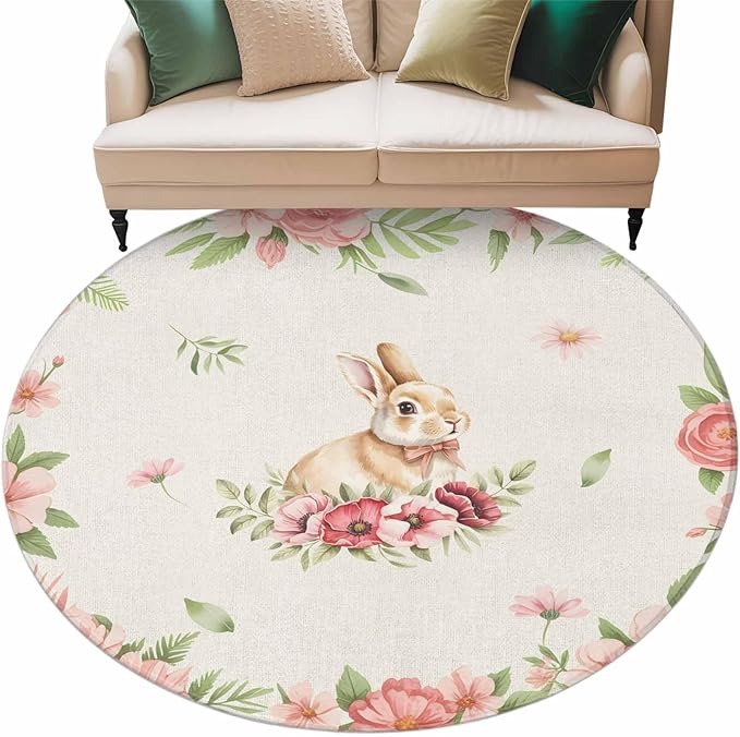 Washable Round Area Rug Retro Easter Rabbit on Linen Circle Rugs Floor Carpet for Living Room Bedroom, Spring Pastoral Pink Flower Leaf Soft Non Slip Round Rug 5ft
