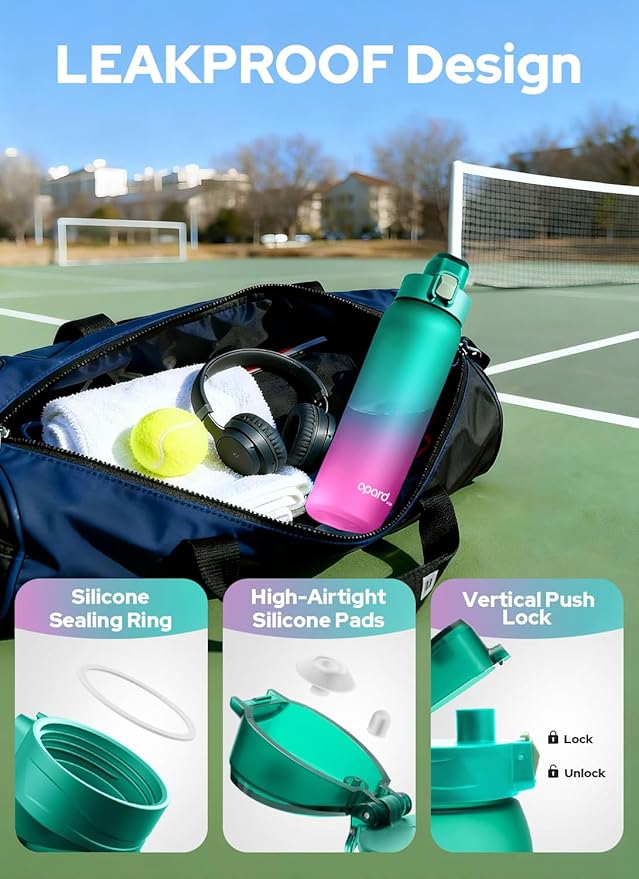 Opard Zip 32oz Plastic Water Bottle Dishwasher Safe, Leakproof Flip-Top Lid, BPA Free Tritan, Wide Mouth Reusable Sports Water Bottle for Gym Hiking Commuting Outdoor Travel and School