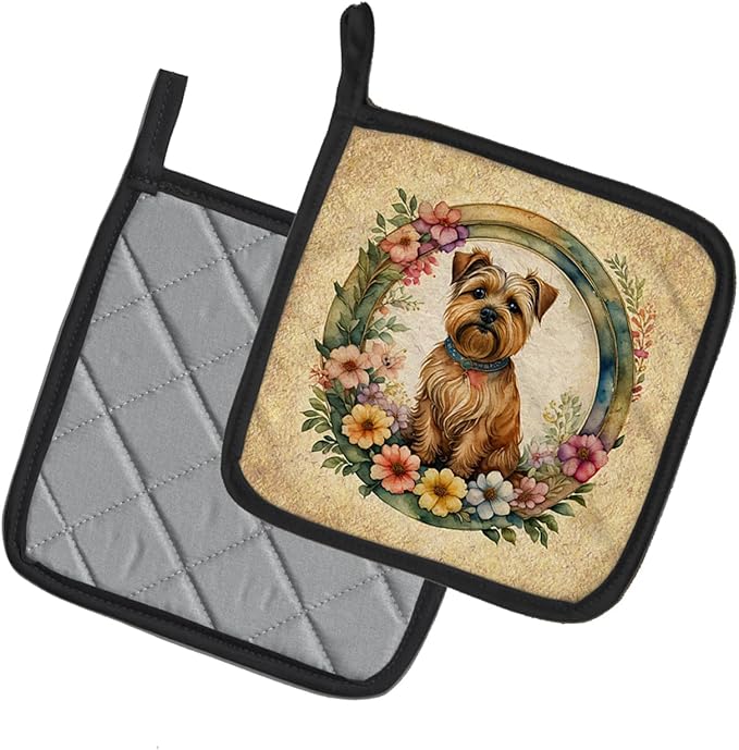 Caroline's Treasures Norfolk Terrier and Flowers Pair of Pot Holders Kitchen Heat Resistant Pot Holders Sets Oven Hot Pads for Cooking Baking BBQ, 7 1/2 x 7 1/2